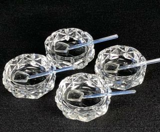 Set Of 4 Vintage Crystal Individual Salt Dips With Spoons Diamond Cut Very Clear