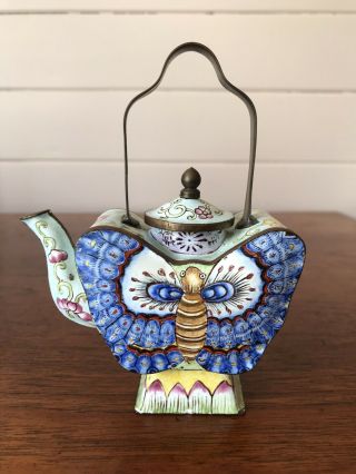 Vintage Miniature Hand Painted Enamel And Metal Butterfly Shaped Teapot