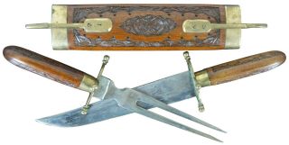 Hand Carved Vintage Knife & Fork Carving Set With Stand India Brass Teak 18 "