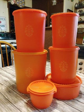 Set Of 5 Vintage Tupperware Orange Servalier Canisters W Lids Bowl Nesting