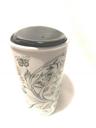 Starbucks 2014 Black White Garden Flower Floral Ceramic Tumbler 12 Oz Travel Mug