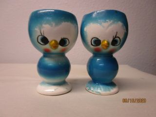 Vintage 1950s Japan Bluebird Bird Egg Cup Chick Ceramic Figurine Anthropomorphic