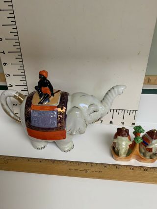 Japanese Moriage Elephant Teapot Boy On Lid Lusterware,  Salt/pepper In Carrier