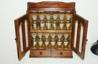 Vintage Wooden Spice Rack Cabinet / 12 Glass Jars Bottles Wall Hanging N/r
