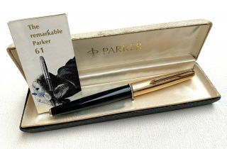 Vintage Parker 61 Custom Black Fountain Pen W/box & Papers,  Usa (ar3102)