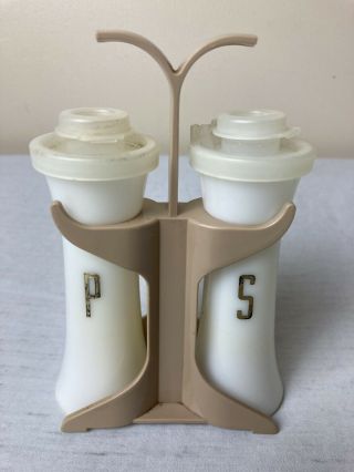 Vintage Tupperware Salt And Pepper Shakers With Caddy 4” Tall