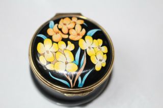 Staffordshire Enamels Round Enamel Box " Gilly Flowers " Hand - Painted England Exc