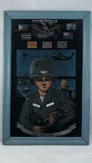 1967 - 68 Vietnam War 485th Geeia Sq U.  S.  Air Force Black Velvet Painting