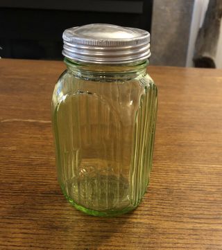 Vintage Vaseline Green Depression Glass Ribbed Jar With Lid - 5” Tall