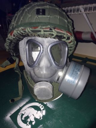 M - 1 Helmet With Web Cover And Gas Mask Along With Cold Weather Cover