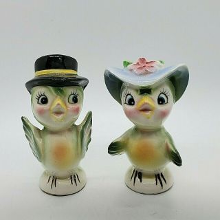 Vtg Anthropomorphic Green Birds Top Hat Bonnet Salt And Pepper Shakers Japan