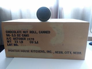 Vietnam Era 1 Case 96 3.  5 Oz Cans Chocolate Nut Roll Canned Package Box