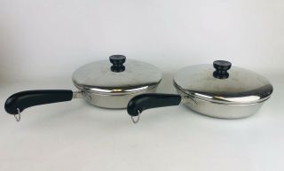 Set Of 2 Revere Ware 9 In Skillet Frying Pan W/ Lids Stainless Steel Usa 97b