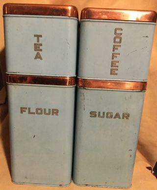 Vintage Mid Century Lincoln Beautyware Canister Set Turquoise/aqua/copper Tin