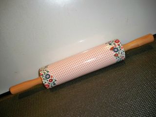 Porcelain Rolling Pin With Wooden Handles And Florals 17 1/2