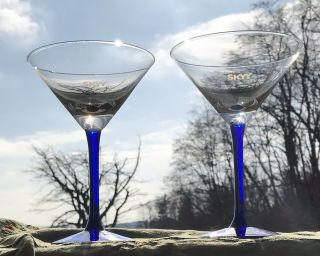 Skyy Vodka Martini Glasses (2) Cobalt Thin Stem 6 3/4 X 4 3/4”