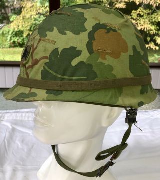 Vietnam War Era U.  S.  Army M - 1 Helmet W Mitchell Pattern Camo Cover & Chinstrap