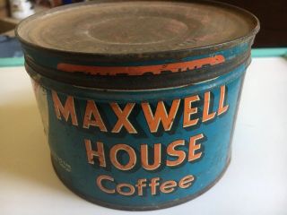 Vtg Maxwell House Coffee 1lb Can W/lid Hoboken Nj Good Graphics L 5’,  H 3 1/2”