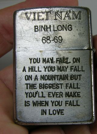 Authentic Vietnam War Zippo Lighter Binh Long 68 - 69 Biggest Fall In Love