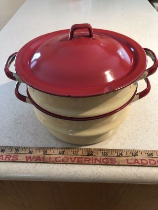 Vintage Cream With Red Trim Enamel? Tin? Double Pot With Handles And Lid,  Chips