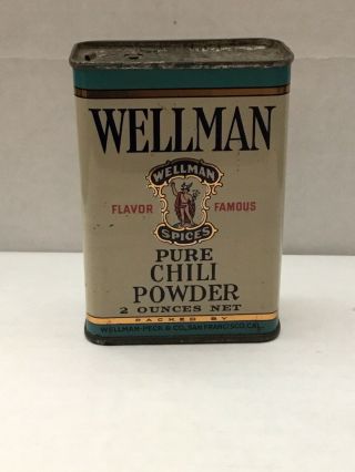 Vintage Wellman Pure Chili Powder 2 Oz Spice Tin Wellman - Peck & Co.  S.  F.  Ca