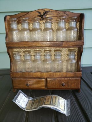 Vintage Wooden Spice Rack 2 Tier With 12 Bottles Eagle Accent Hanging Or Stand