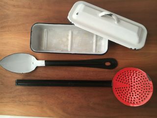 Vintage Red White Black Enamel Ware Pan Container Spoon Strainer