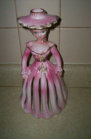 Vintage Kreiss Pink Porcelain Lady Napkin Candle Holder 2