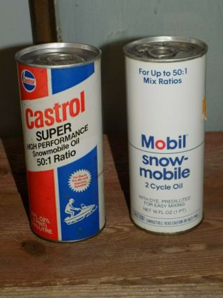 2 Vtg Snowmobile Oil Cans Castrol 50:1 Cardboard & Mobil 2 Cycle Both Full