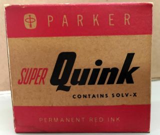 Vintage Quink Parker Permanent Red Ink.  Box And Full 2 Oz Bottle