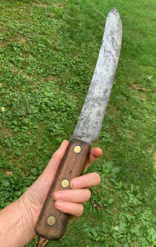 Vtg Antique Hand Forged Large Chefs Knife 12 " Blade Brass Rivets Butcher Kitchen