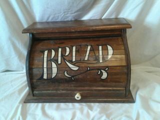 Vintage Roll Top Wood Bread Box Rustic Country Kitchen White Letters