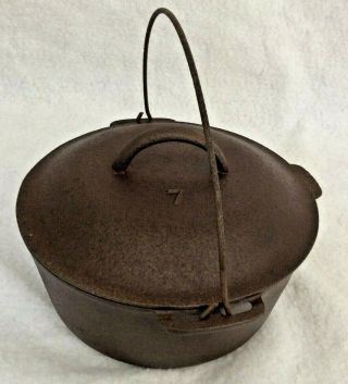 Vintage Lodge 7 Cast Iron Flat Bottom Cowboy Kettle Bean Pot W/lid And Handle