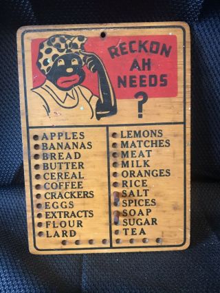 Vintage Reckon Ah Needs Wooden Grocery Peg Board Black Americana Kitchen Decor