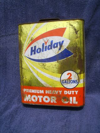 Vintage Holiday Gas Station Motor Oil Metal Can Tin Advertising 2 Gallon Size