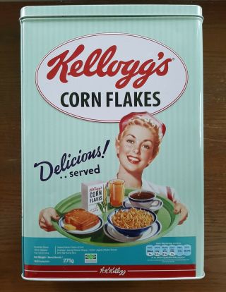 Kelloggs Corn Flakes Delicious Served Cereal Metal Tin Thailand Lid Vtg Lady @
