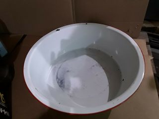 Vintage White W/ Red Trim Enamel Enamelware Tub Pot Wash Round Basin