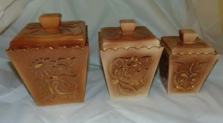 Vintage Ceramic Square Brown Gold Canister Set Flour Sugar Tea Handmade Art Deco