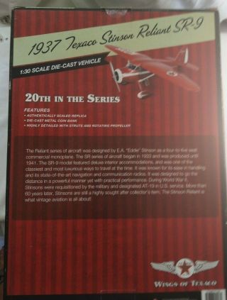 2012 Wings of Texaco Airplane 20 1937 STINSON RELIANT SR - 9 NEVER OPENED FACT 3