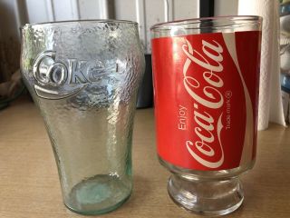 Two Coca Cola X - Large 32 Oz Vintage Glasses 1 Pedestal Color Logo 1 Green Glass