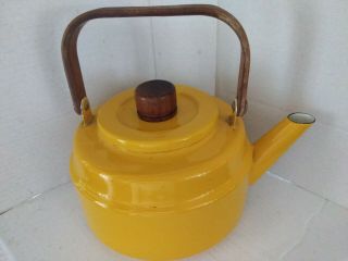 Vintage Danish Modern Style Yellow Enameled Tea Kettle With Teak Handle