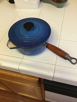 Vintage Le Creuset Blue Enamel Cast Iron 18 Wood Handle Sauce Pan