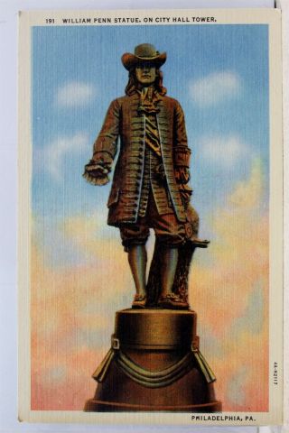 Pennsylvania Pa Philadelphia City Hall Tower William Penn Statue Postcard Old Pc