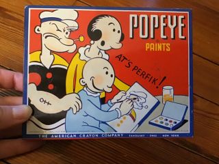 Vintage Popeye Tin Litho Water Color Paint Set By The American Crayon Company
