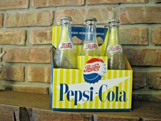 1950’s Single Dot Pepsi - Cola 6 Pack Cardboard Bottle Carrier With Bottles