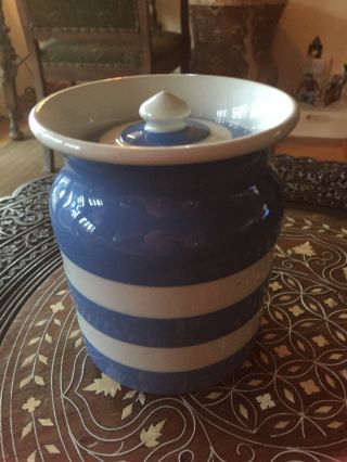 Vintage T G Green Cornish Kitchenware Blue & White Jar Container W Lid 4 3/4 "