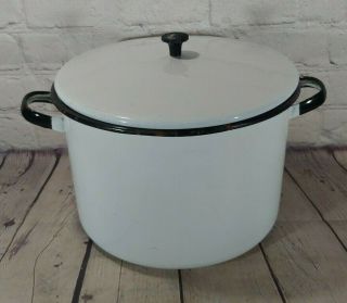 Vintage Large Porcelain Enamel Cooking Pot With Lid White W/ Black Handles