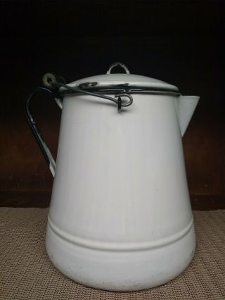 Large Vintage Enamel Ware White Cowboy Coffee Pot - Kettle
