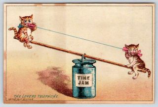 1882 Anthropomorphic Cats On A Seesaw The Lovers Telephone Peerless Coffee Hayes