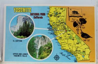 California Ca Map Yosemite National Park El Capitan Falls Postcard Old Vintage